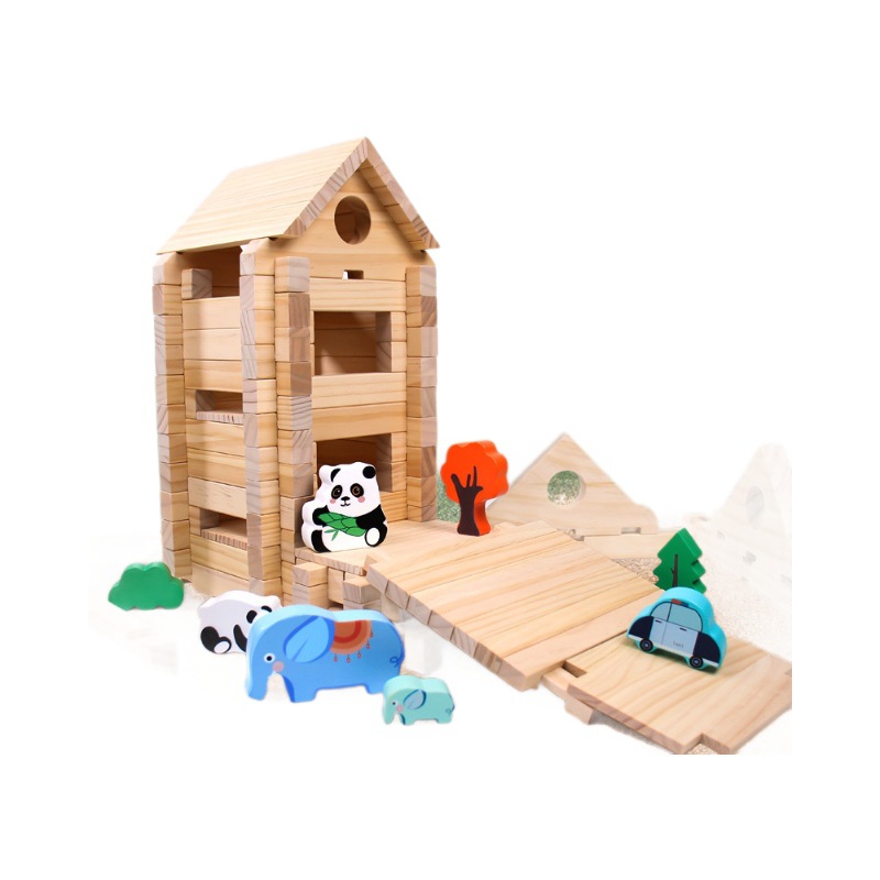 幼儿园游戏角特大号实木益智积木儿童早教DIY原木榫卯拼装玩具白底实物图