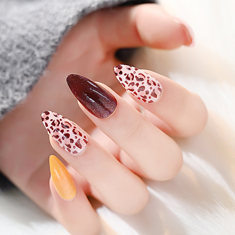 New leopard print teardrop nail, 24-piece nail patch, wearable nail, French pointed nail patch, finished false nail, short style details Picture