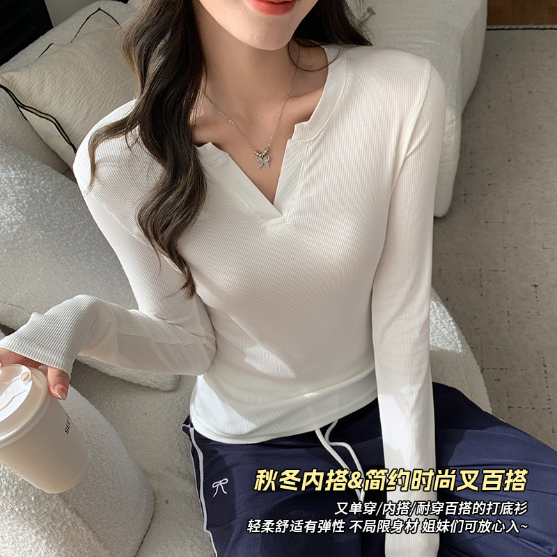 K2301v-neck base layer T-shirt for women in early autumn and winter, with a slim and slimming silhouette, paired with a stylish and spicy long-sleeved top details Picture