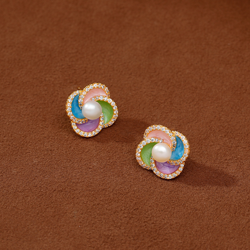 Spring and summer cherry blossom pink enamel drop glaze earrings for women's new style, super gentle, fresh and three-dimensional windmill human stud earrings