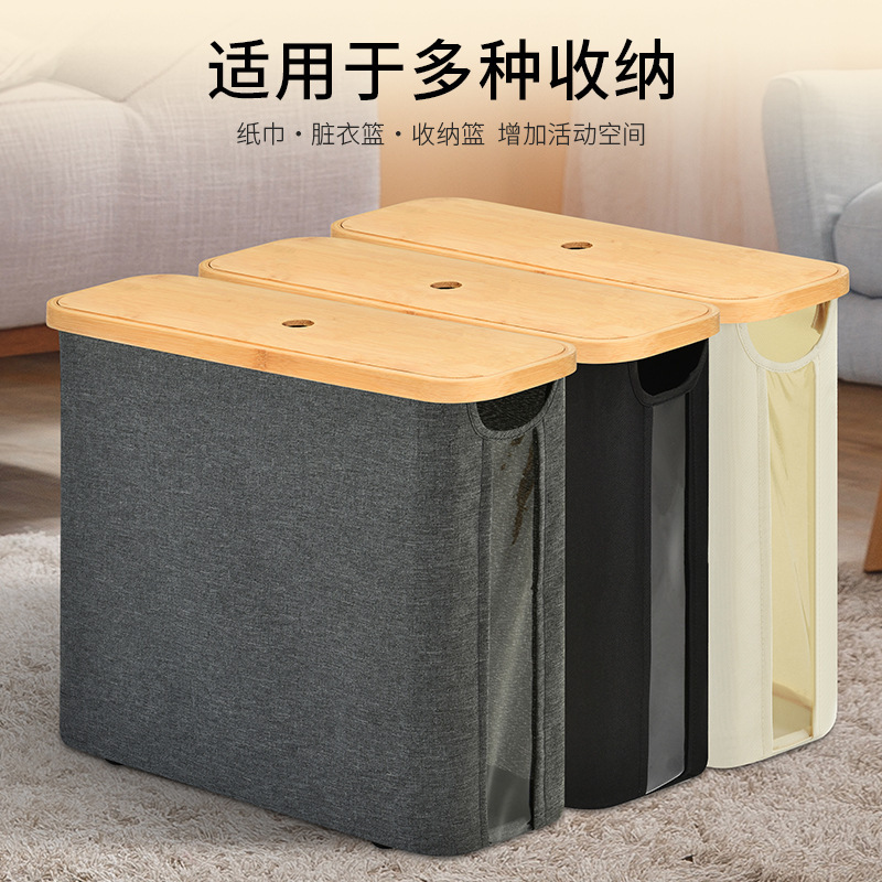 可透视卷纸收纳篮带竹盖日系布艺纸巾筒收纳篓矿泉水环保收纳筐