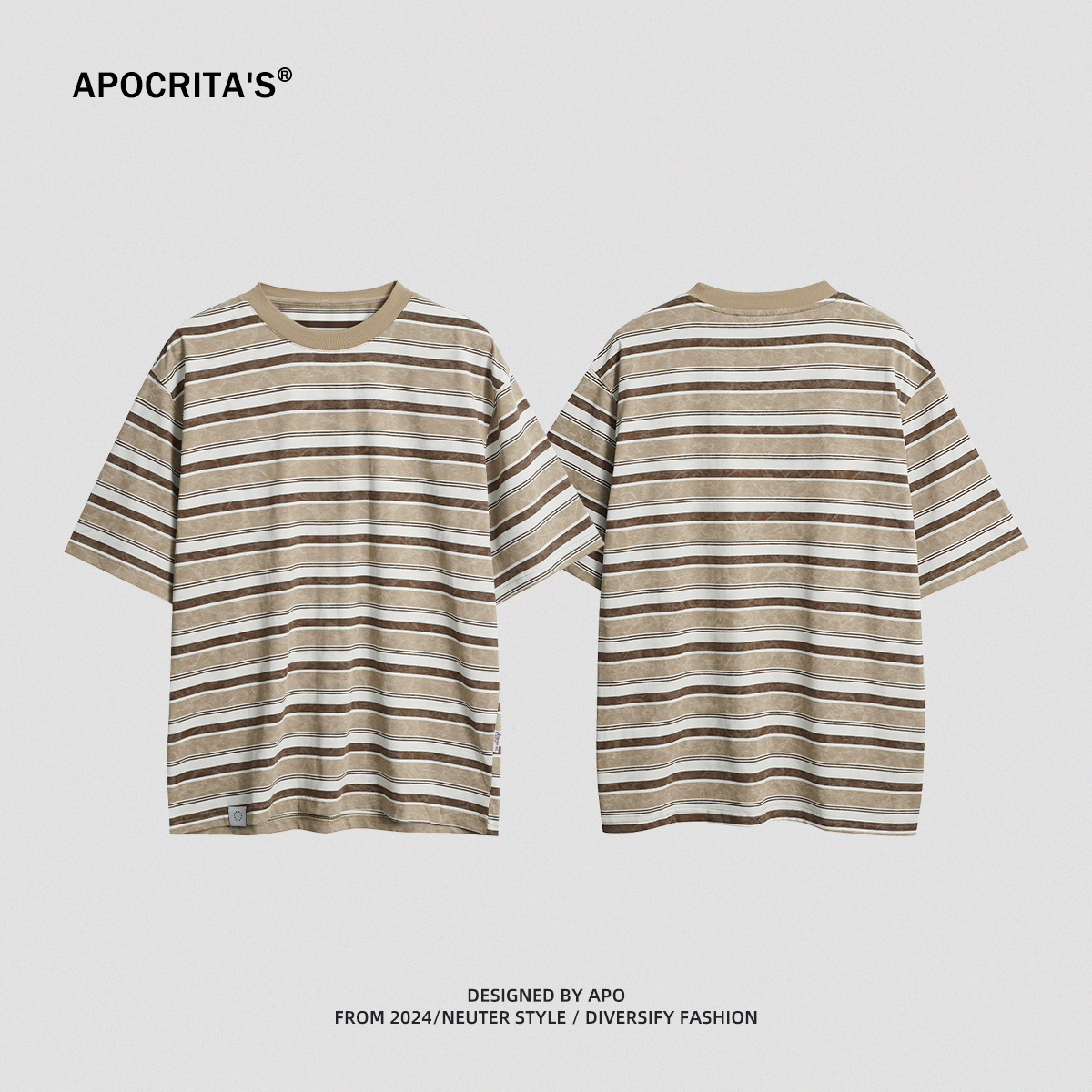 APO Men's Wear: Japanese retro trend color-blocking striped T-shirt for men's summer new round neck loose and versatile short-sleeved men's T-shirt Specification image