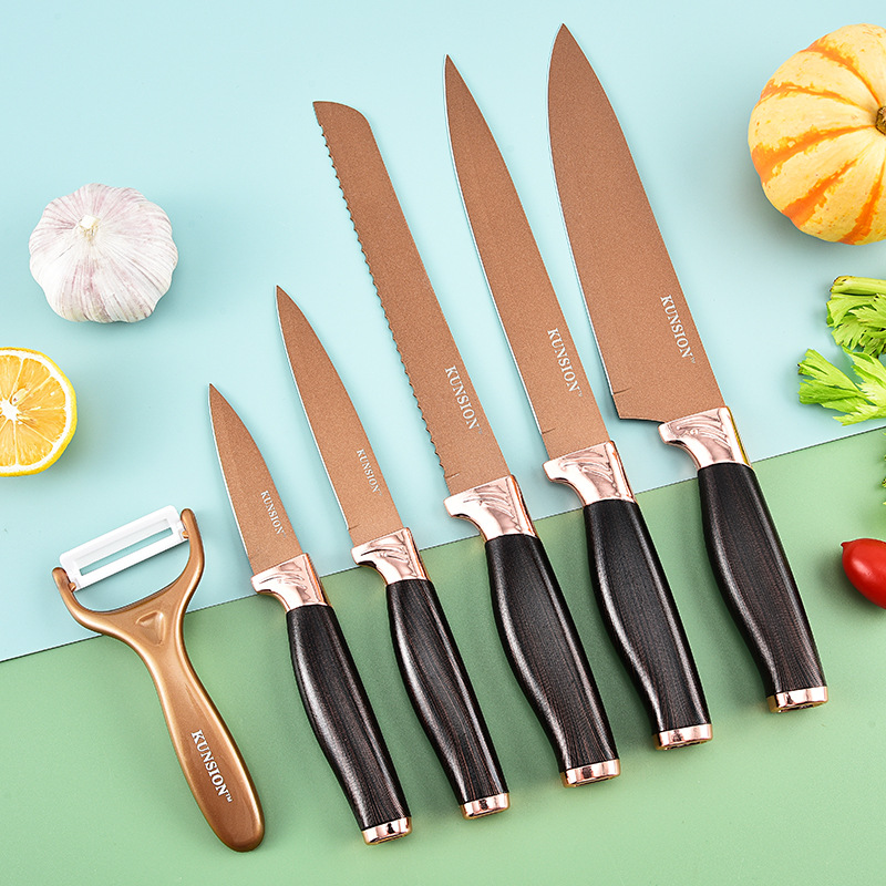 Stainless steel knife set, household titanium gold knife, slicer knife, chef knife, fruit knife, melon slicer 6-piece gift box set