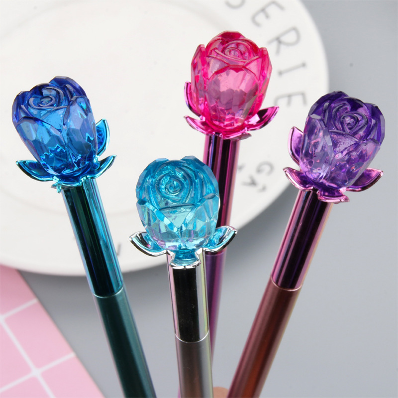 P-1717 Metal Crystal Rose Gel Pen, metallic pen barrel, small flower pen cap, black water-based pen details Picture