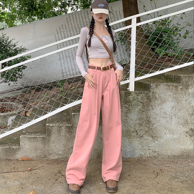 Dirty pink wide-leg jeans for women, 2024 new summer American bestseller, pleated, high-end, loose, drape floor-length pants