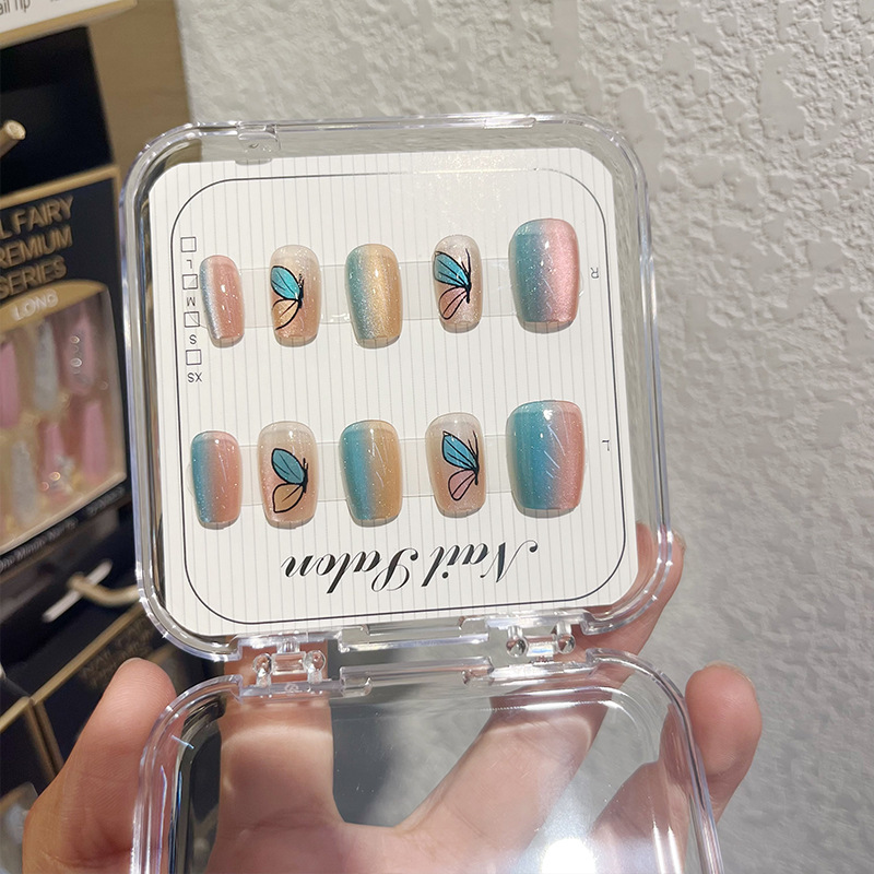 Cat-eye wearable nail, detachable nail plates, nail plates, rainbow cat-eye butterfly, French nail patches, ballet nail plates details Picture