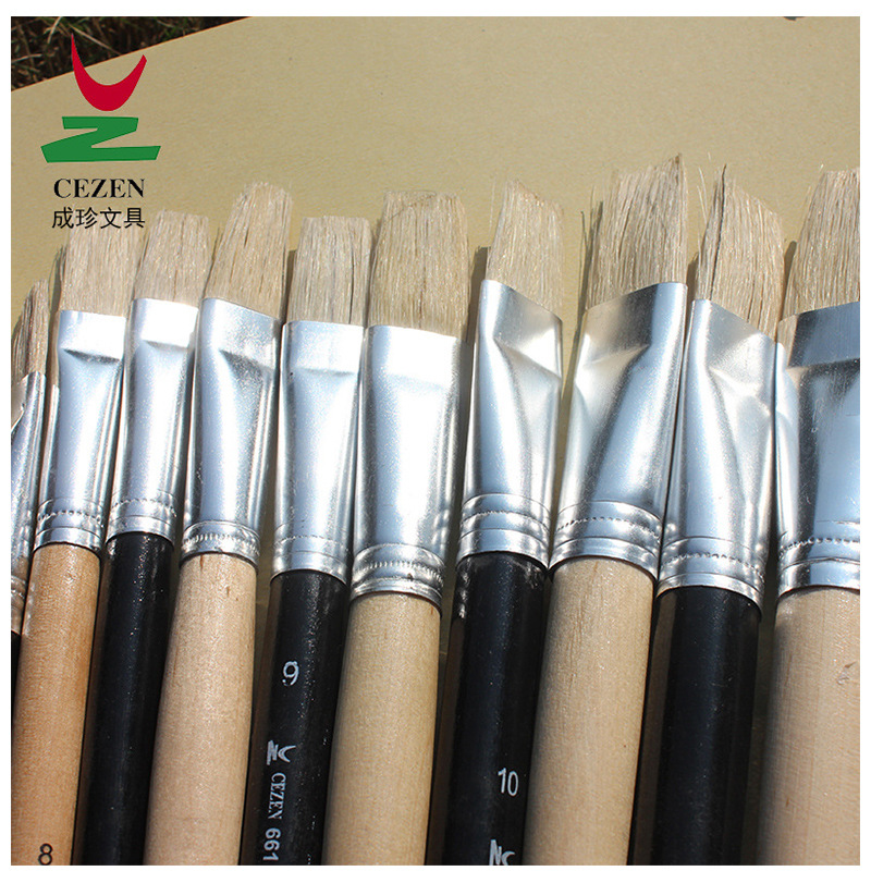 Chengzhen Factory directly sells black and white oil painting brushes, pig bristle acrylic brushes, single hard brush brushes and painting brushes Item Picture