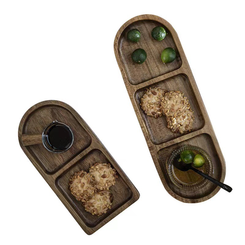 碟子家用日式木质椭圆形复古分格餐盘备菜盘早餐盘商用碟子甜品盘白底实物图