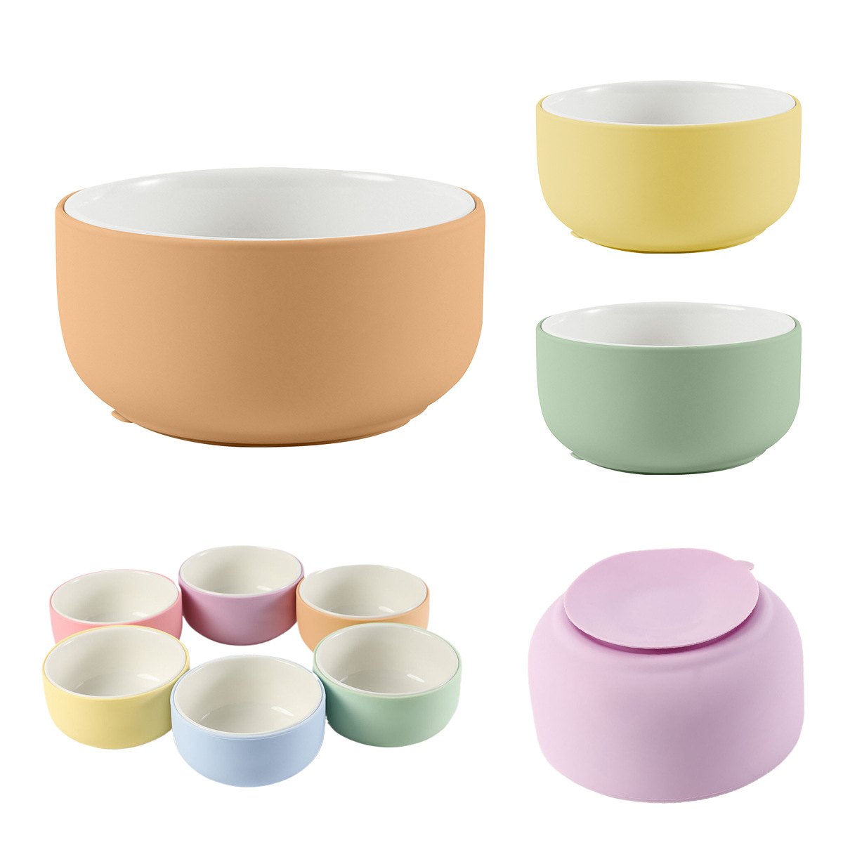 宝宝辅食碗防烫带吸盘硅胶陶瓷碗亚马逊带硅胶套新国标儿童喂养碗详情图1