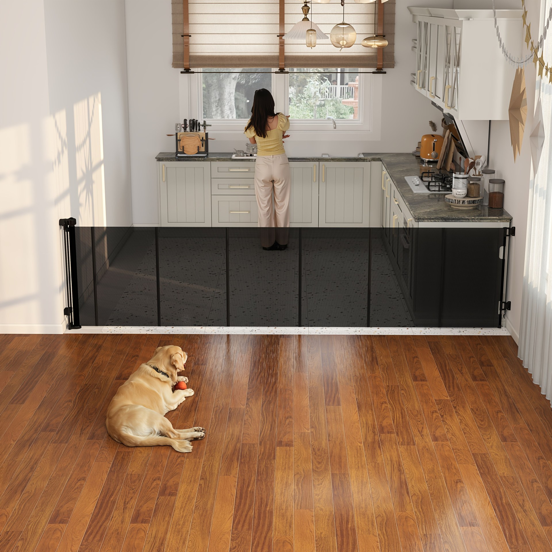 跨境新品可伸缩门栏宠物围栏免打孔楼梯口护栏栅栏室内儿童防护栏