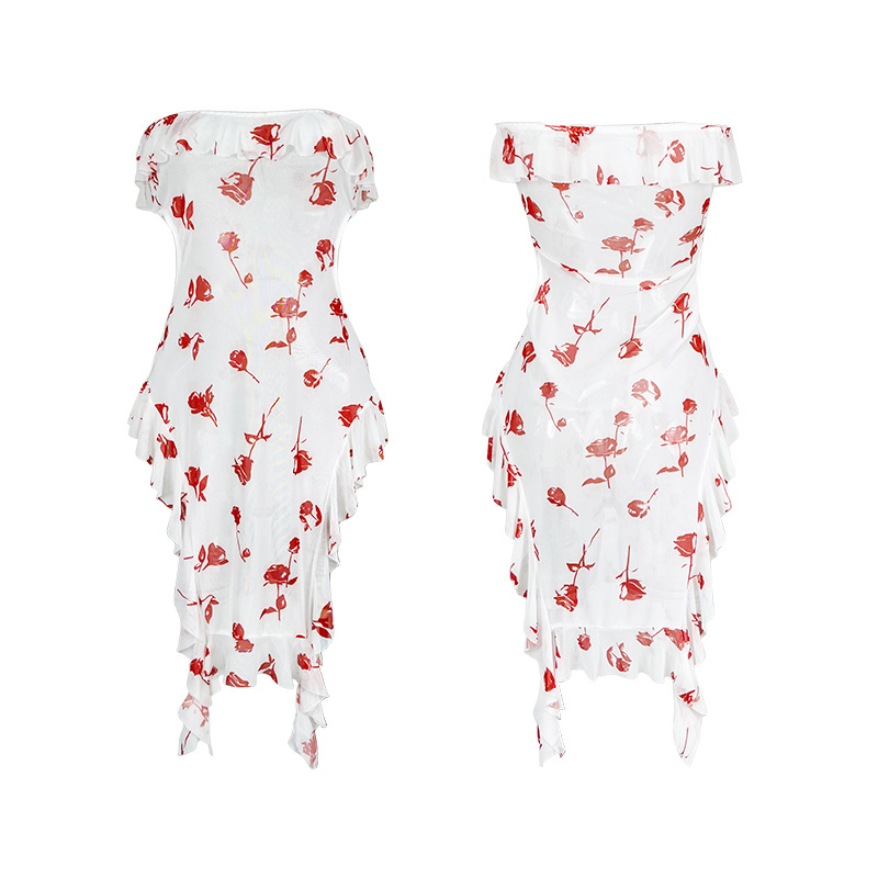 Feiyun European and American cross-border wholesale rose print strapless mesh sleeping dress, ruffled lace sexy dress 783 Item Picture