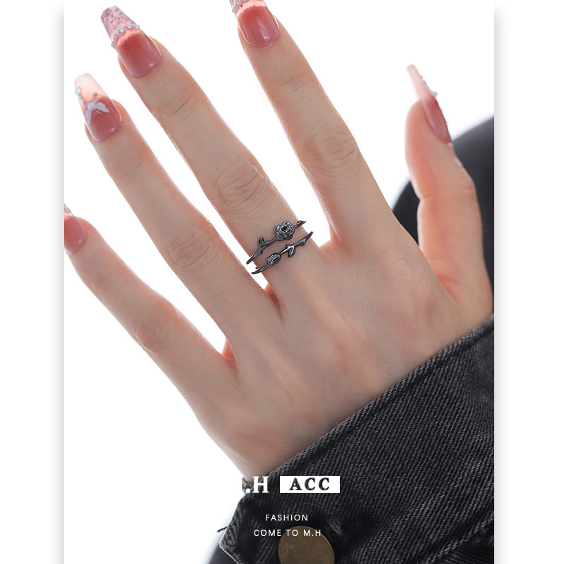 Rose flower double-layer open ring, a high-end, fashionable and individual open index finger ring, sweet and cool, spicy girl style ring Specification image