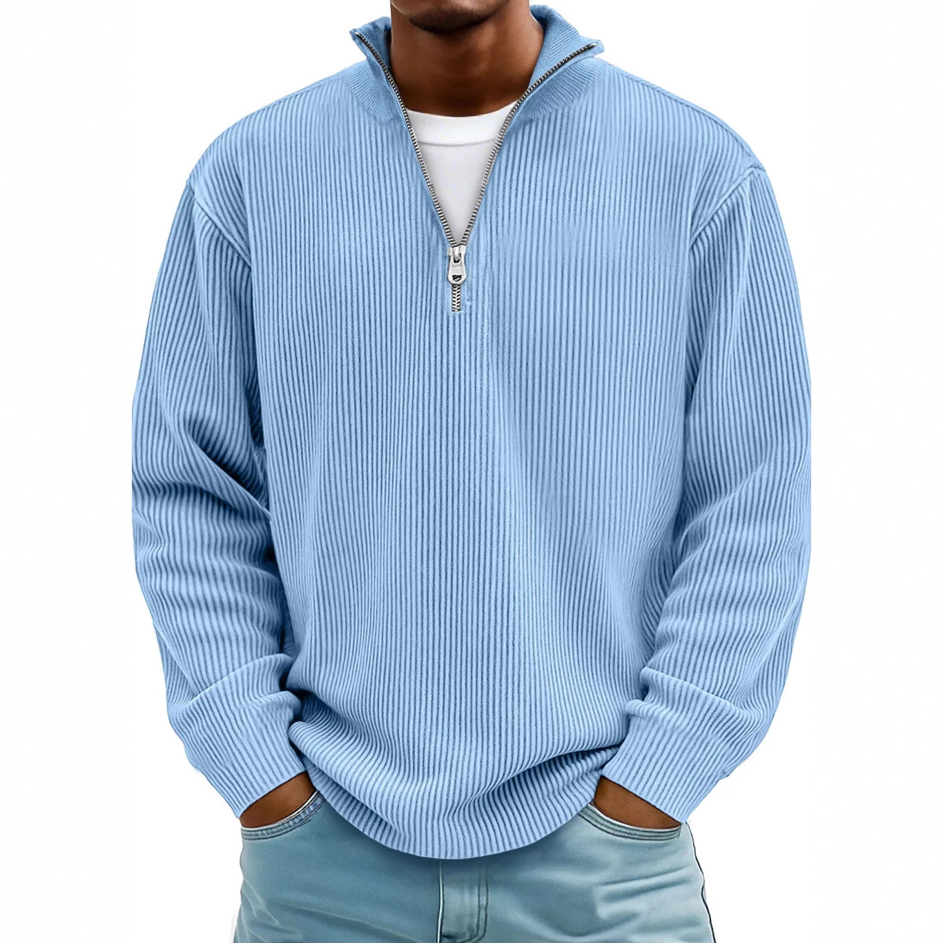 Amazon's new men's casual stand-up collar zipper corduroy long-sleeved polo shirt and hoodie for autumn/Winter 2026 full figure