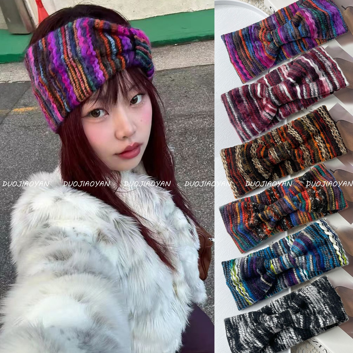The new autumn and winter colorful woolen hair band is a popular choice for women. It features a knitted warm headband with a wide edge and elastic windproof hair tie full figure