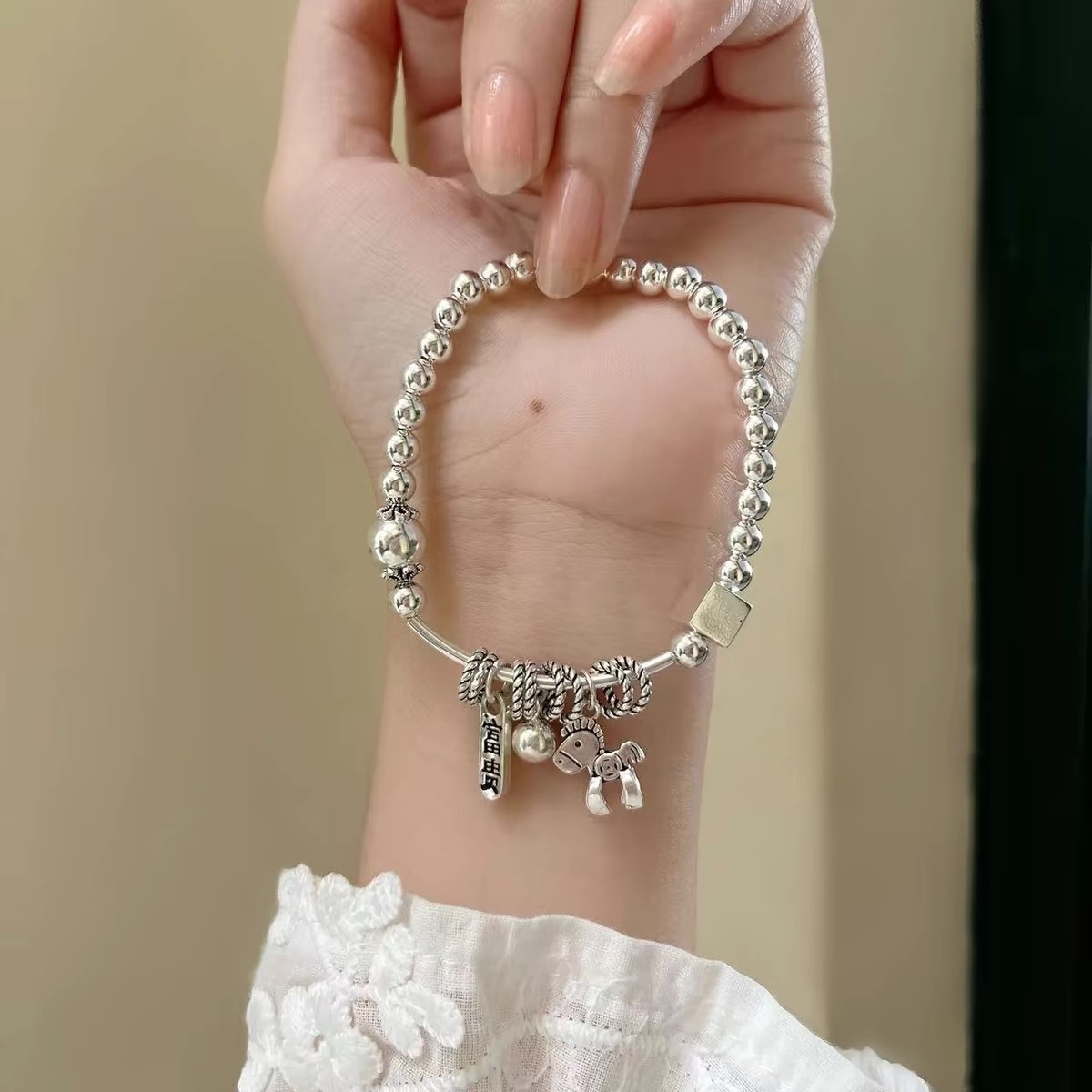 Retro, instant money silver bracelet S925 sterling silver women's cylindrical elastic handmade single-loop peace bracelet birthday gift details Picture