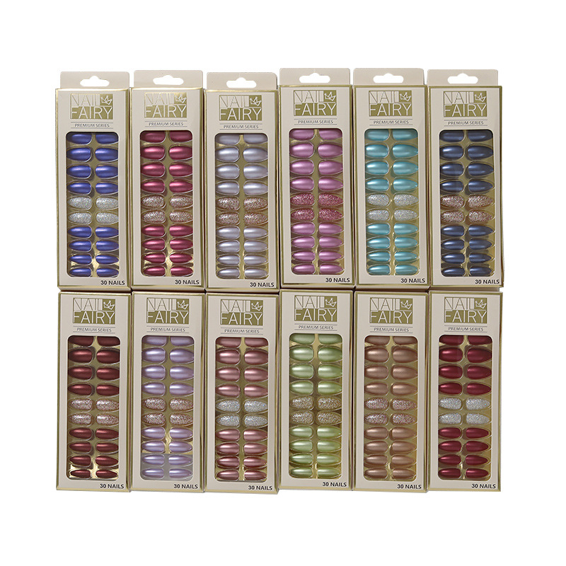 Cross-border new product: Metallic color reusable nail art pieces, 24-piece box set, fake nail finished nail art patches
