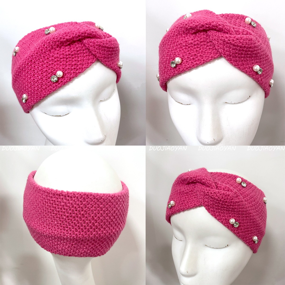 New cross-border wool beaded headband, solid color retro pearl simple headwear, wide edge elastic knitted warm headband Application Scenario