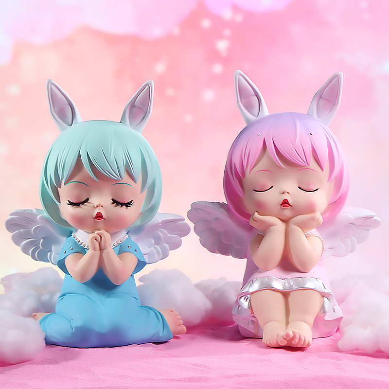 Cute rabbit angel, eight-color hair, AI toy, closed-eye prayer dress, white wings, pink background, star figure Specification image