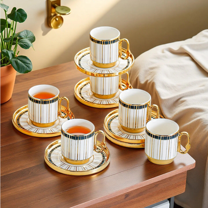 Gold-edge ceramic coffee cup, plate and stand set, thickened heat-resistant ceramic cup, commercial wear-resistant coffee shop and restaurant supplies details Picture