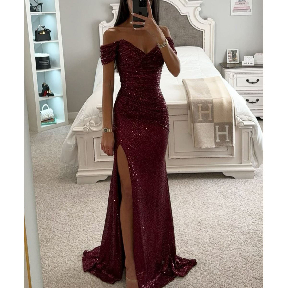 Cross-border 2025 New European and American party sequined one-shoulder split dress, INS casual fashion dress for women details Picture