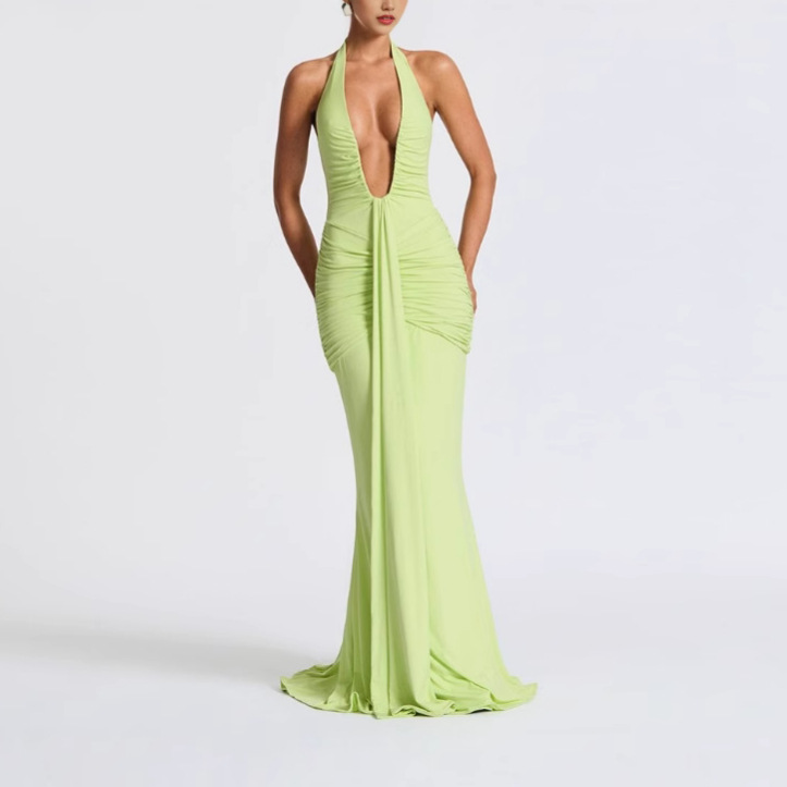 A new solid color elegant halter-neck deep V cinched-waist long dress for cross-border foreign trade, a sexy backless ribbon fishtail dress Application Scenario