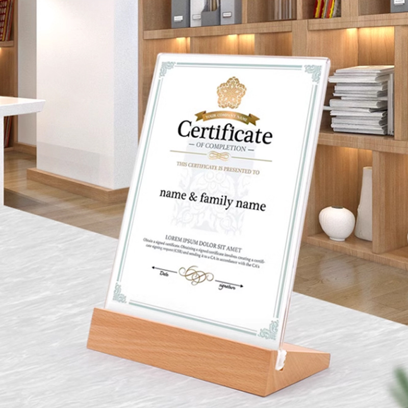 L-shaped beech wood table sign, table card, acrylic A4, milk tea shop menu, wooden table sign, wooden table tag, display stand base, tea drink store dish introduction, standing seat, coffee shop table sign display stand, Western restaurant dish description display support Application Scenario