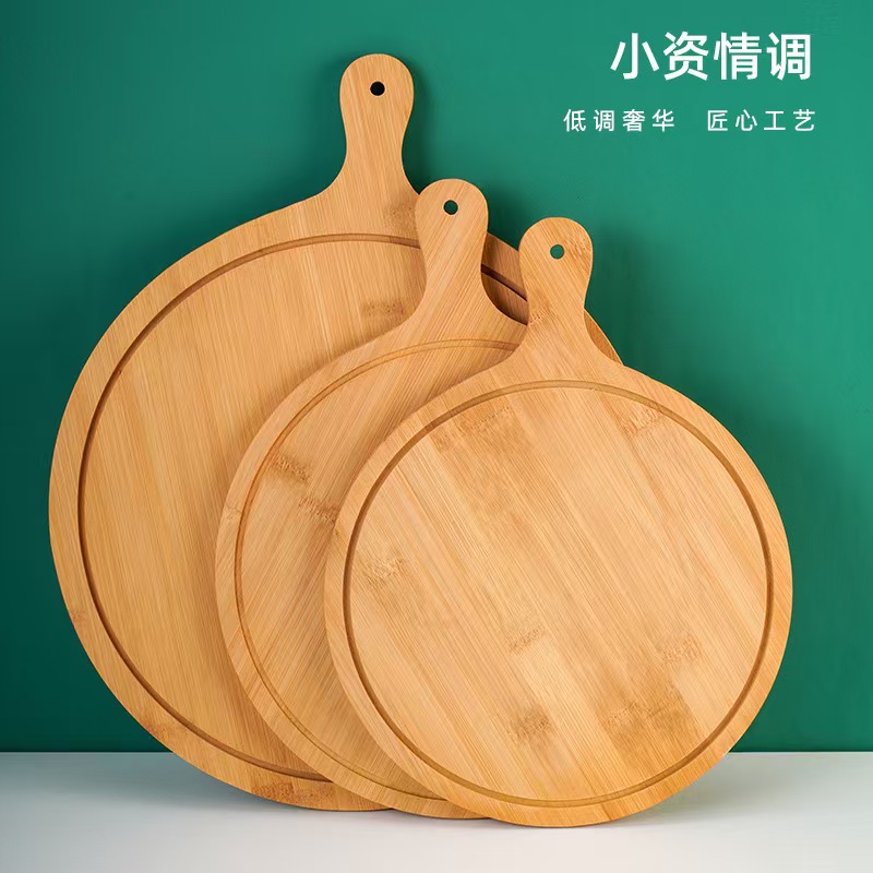 In-stock bamboo and wood pizza trays, restaurant bread and dessert trays, wooden pizza boards with handles, sushi and cake trays Specification image
