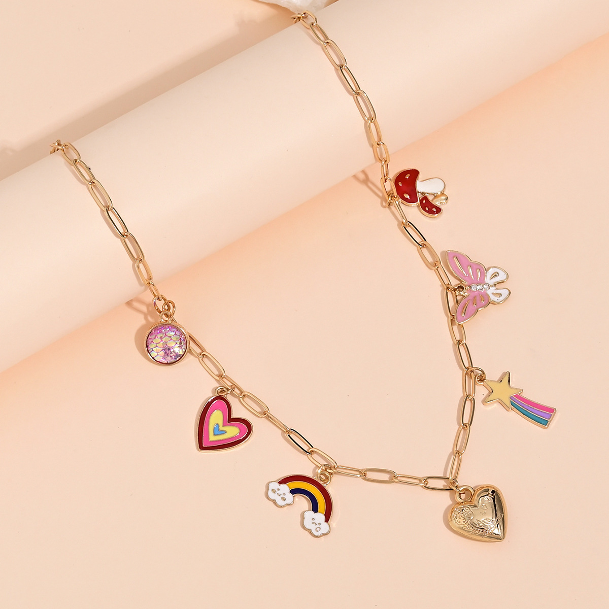 跨境新款时尚简约爱心彩虹蝴蝶蘑菇珍珠流苏项链女甜美百搭锁骨链