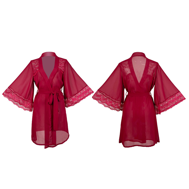 Cross-border trade sexy pajamas, chiffon lace patchwork see-through bathrobes, tempting ladies' cardigan outerwear wholesale 019 Item Picture