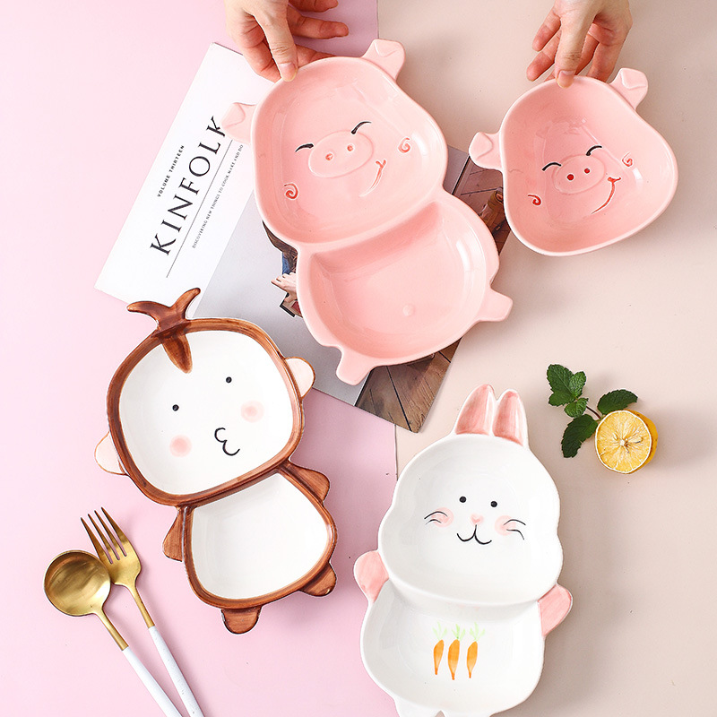 创意动物卡通盘子分餐盘陶瓷分格盘可爱早餐盘家用分隔盘儿童餐具细节图