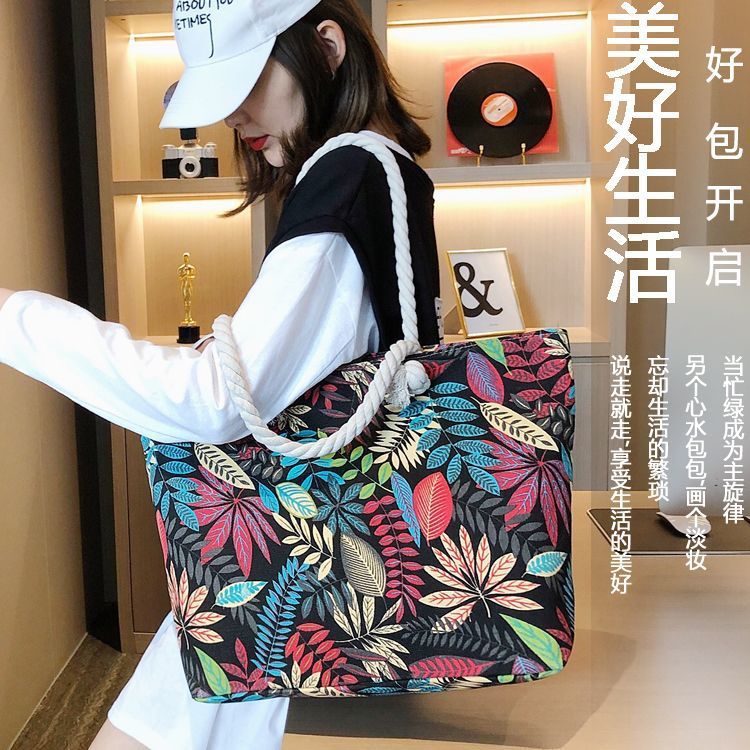 Cross-border canvas bag, women's single-shoulder handbag, simple and versatile, large-capacity hemp rope shopping bag, beach bag, fresh and simple single-shoulder fashionable commuter women's bag, simple and versatile handbag, hand-held bag, canvas bag details Picture
