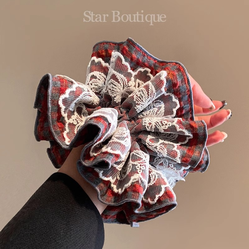 2025 New Korean-style checkered large intestine hair band women's hair tie, 2025 new hair flower hair accessory, hair tie and leather band, super large