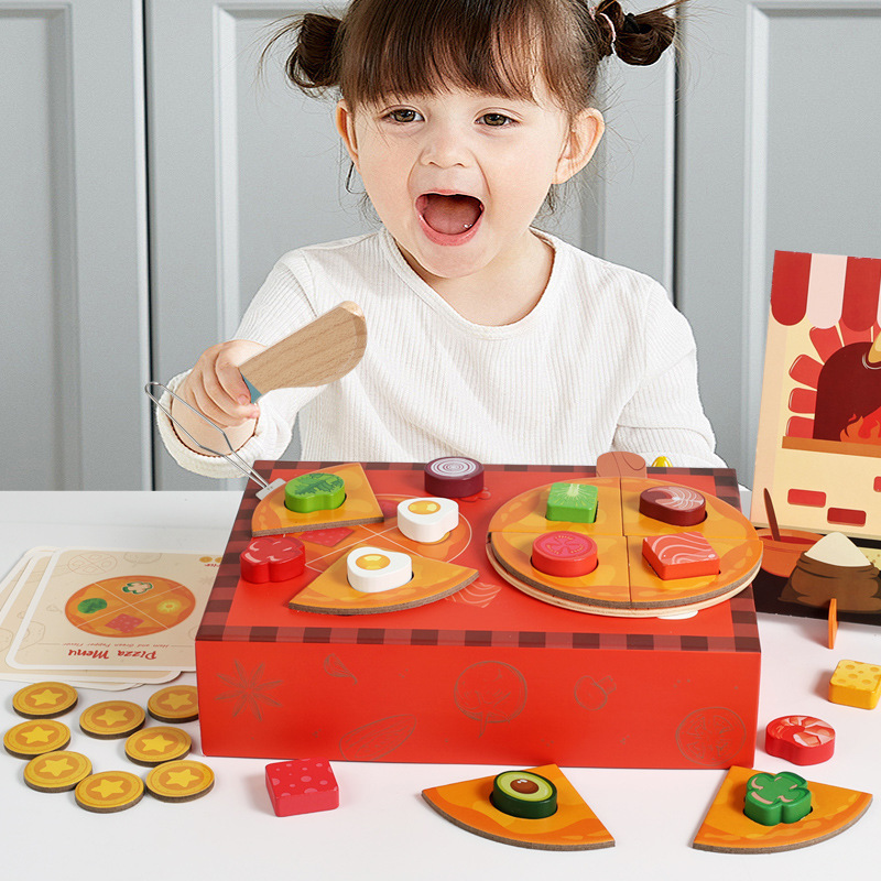Early childhood education for babies: Wooden toys for playing house, simulated food, vegetables, fruits, pizza matching, and educational wooden toys details Picture