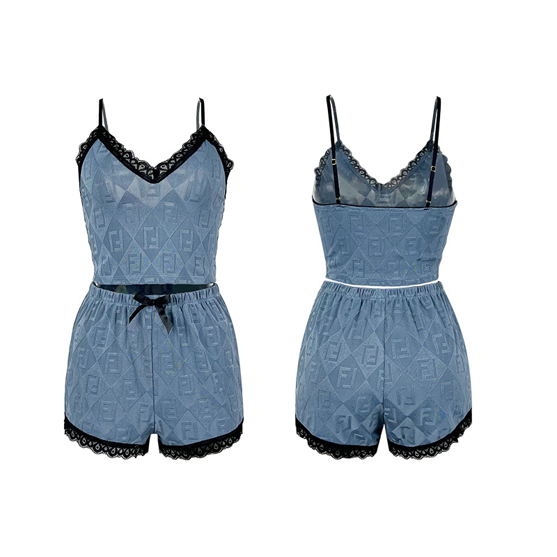 Feiyun Cross-border European and American lace patchwork jacquard pajama Set, sexy halter shorts and home Wear Two-piece set 745 Item Picture