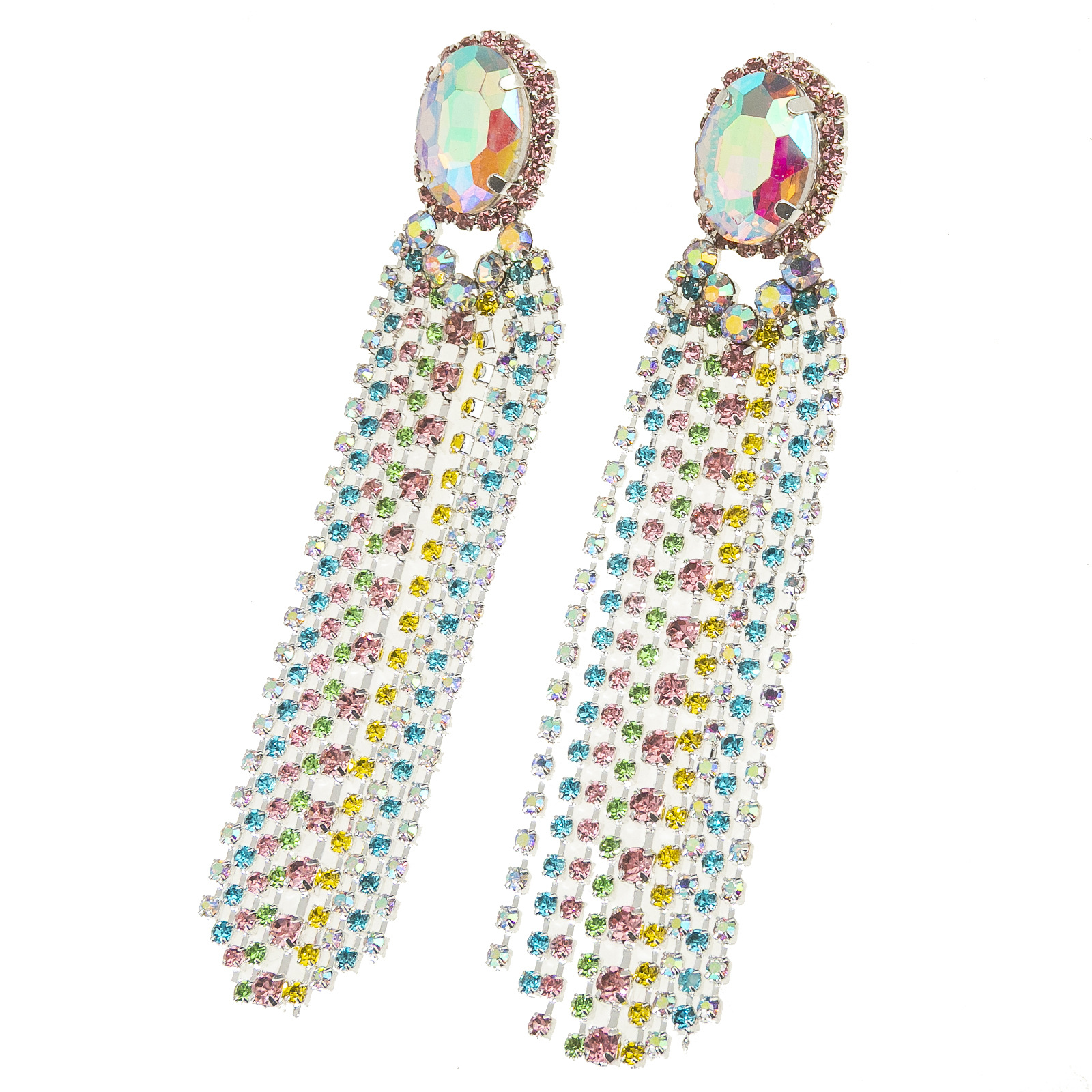跨境新款多彩水钻流苏长条耳环欧美饰品爪链彩色镶钻耳饰earrings图