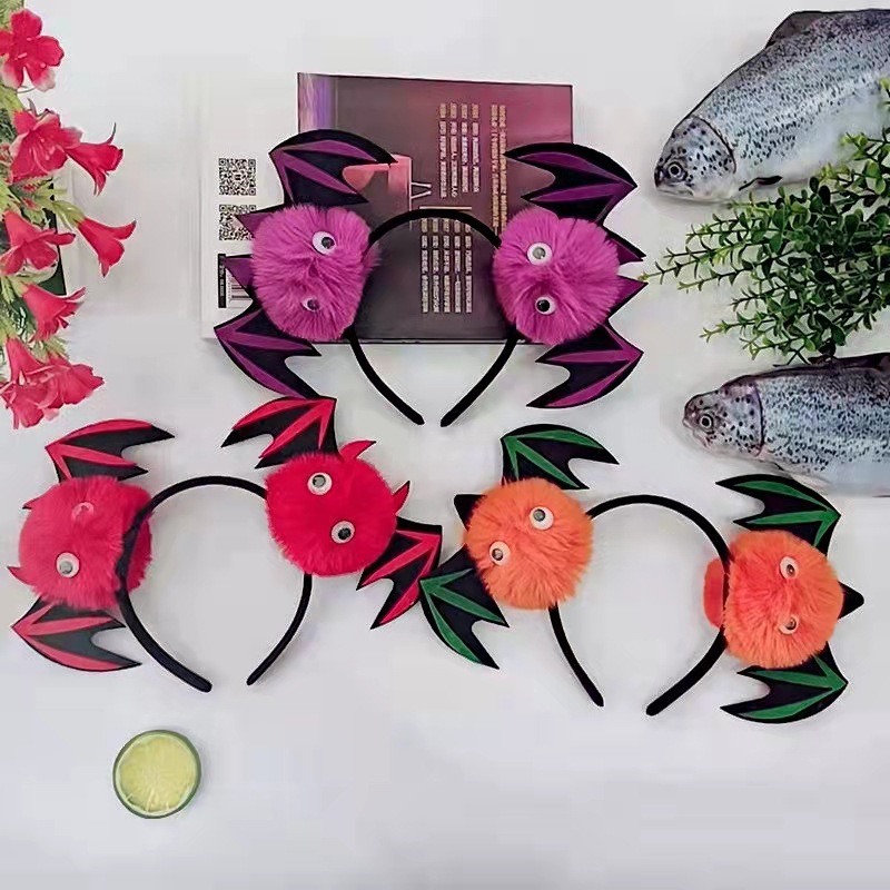 万圣节欧美新款毛球蝙蝠发箍可爱翅膀儿童成人派对发饰头扣