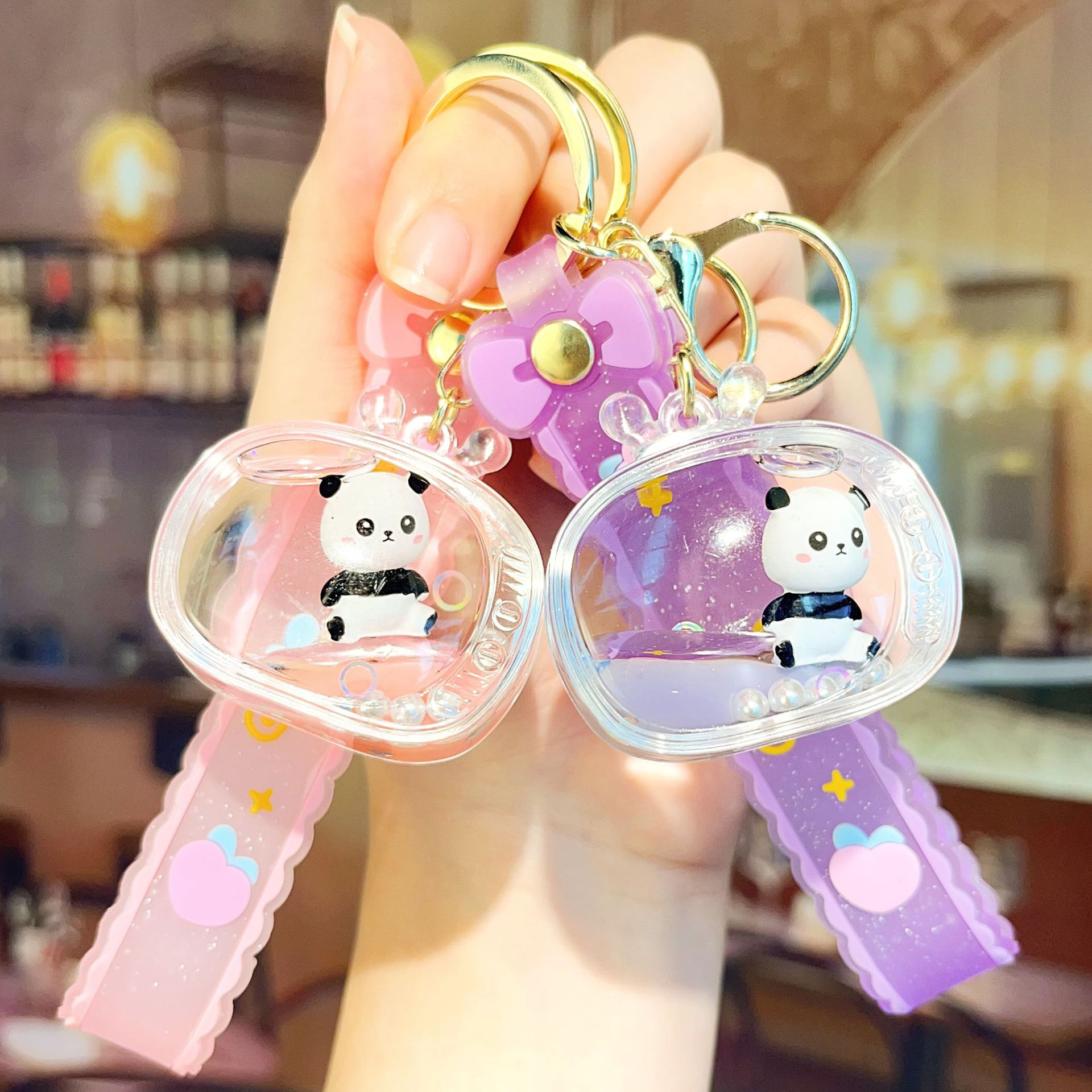 入油亚克力漂浮公仔熊猫钥匙扣流沙钥匙链包包挂件挂饰小礼品批发