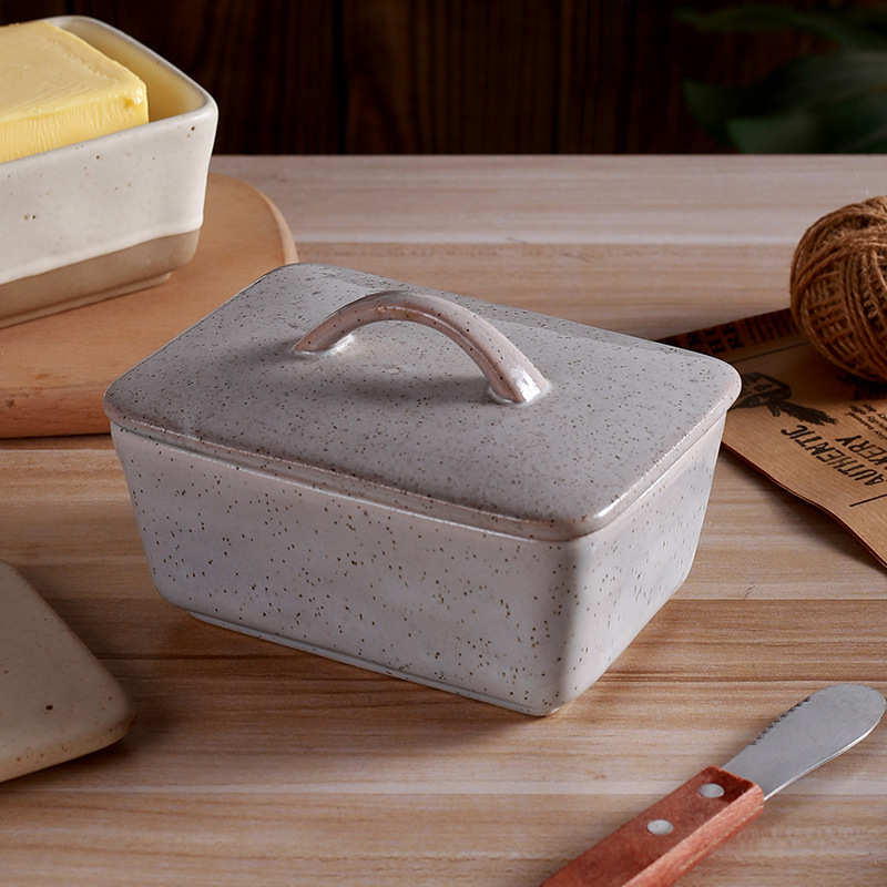 New retro and creative ceramic butter box with lid, square cream box, Western-style butter box in stock Specification image
