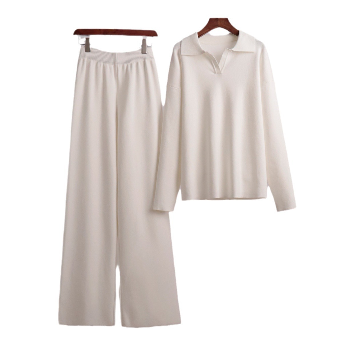 Cross-border knitted set: European and American autumn and winter sweater set, Polo collar knitted pullover + wide-leg long pants two-piece set Item Picture