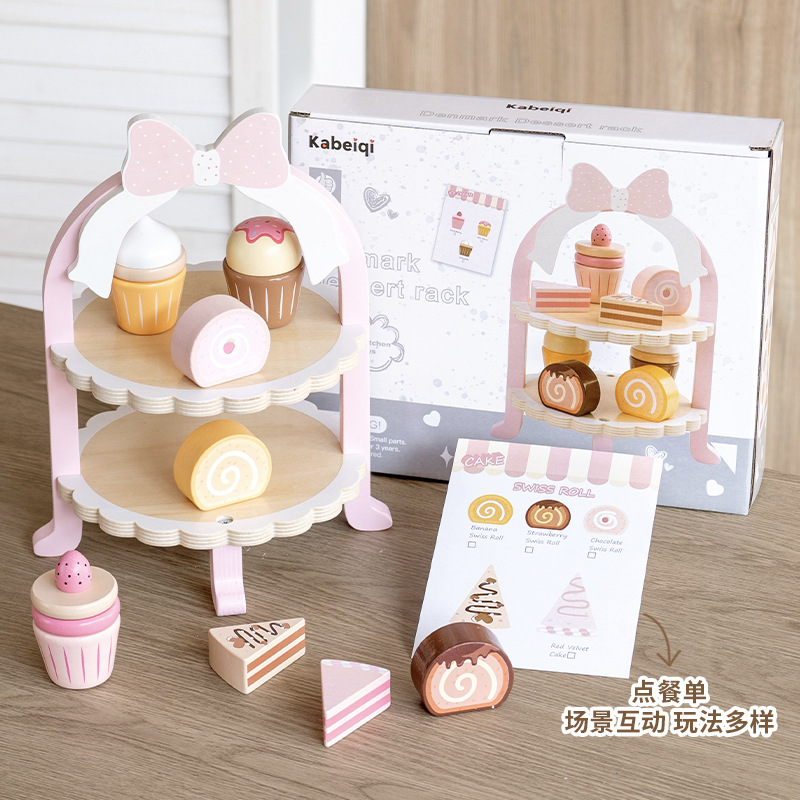 Children's wooden simulation Danish noble pink dessert rack, playhouse cake, pastries, afternoon tea, kindergarten toys details Picture