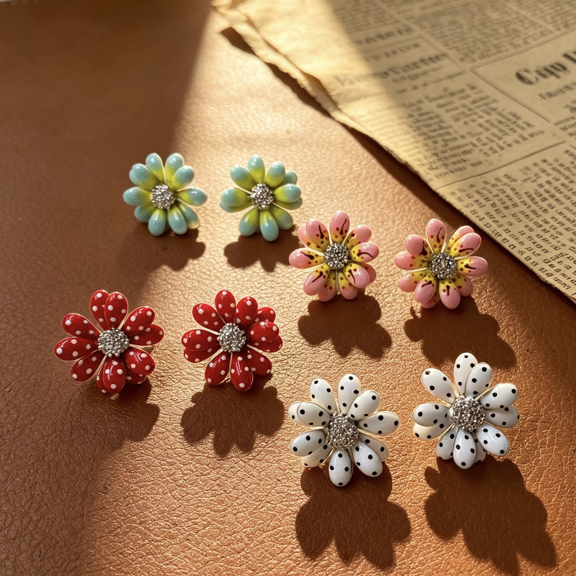 Wholesale of retro enamel Daisy stud earrings and polka dot flower earrings for Internet celebrities, one-piece consignment