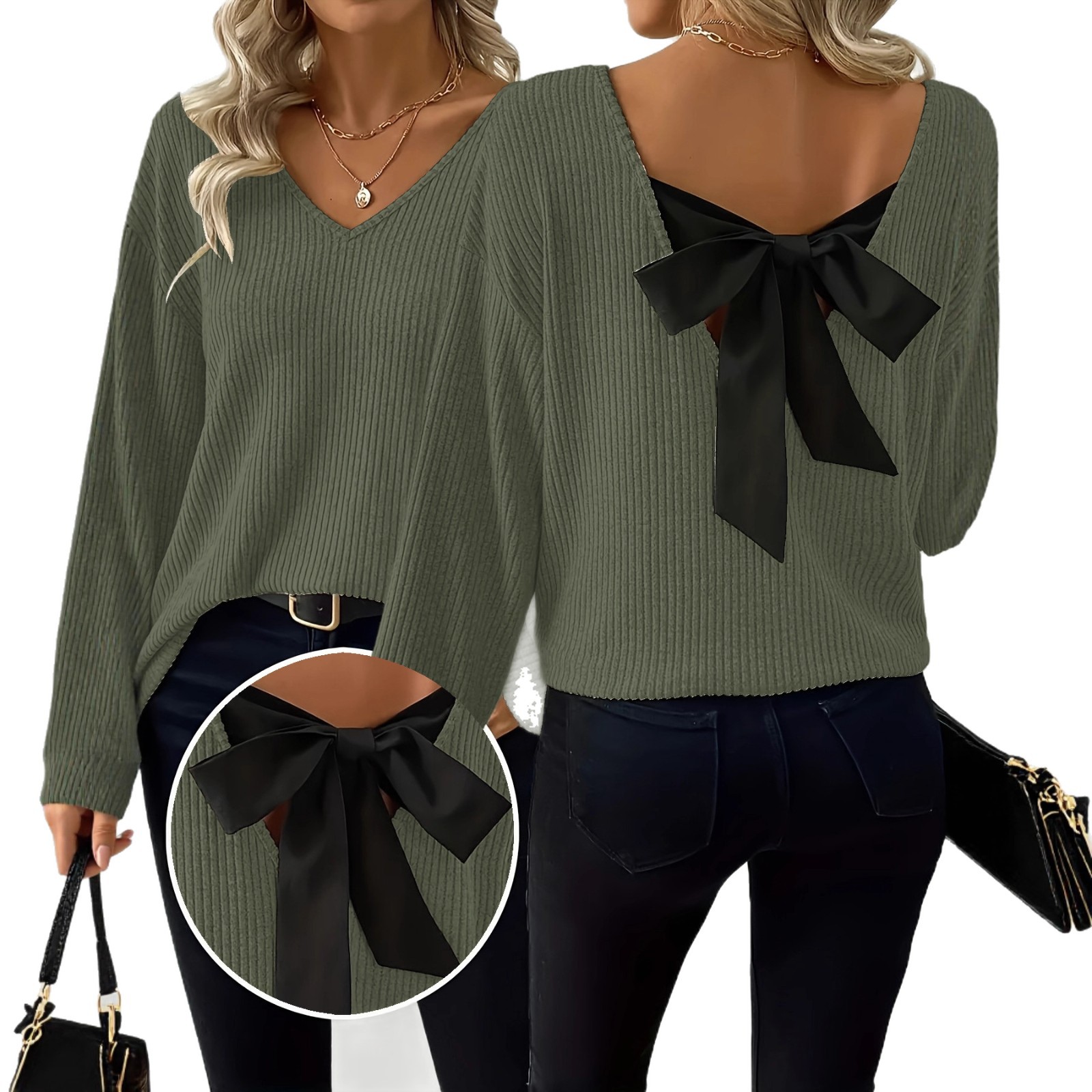 European and American women's V-neck solid-color sweater, new autumn export style long-sleeved casual loose bow top for women Item Picture