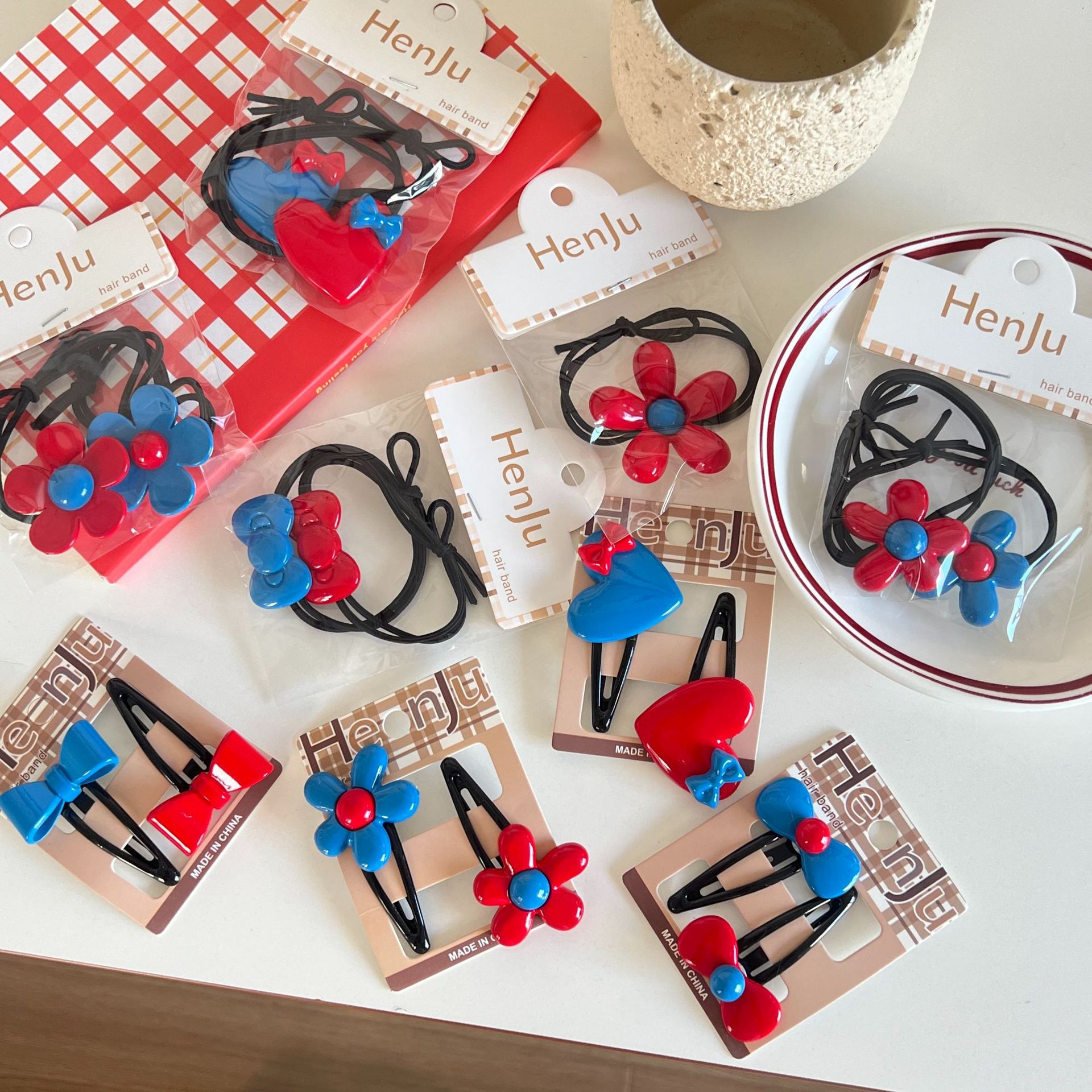 韩国红蓝蝴蝶结花朵发夹刘海bb夹甜美少女马尾扎头发皮筋头绳头饰