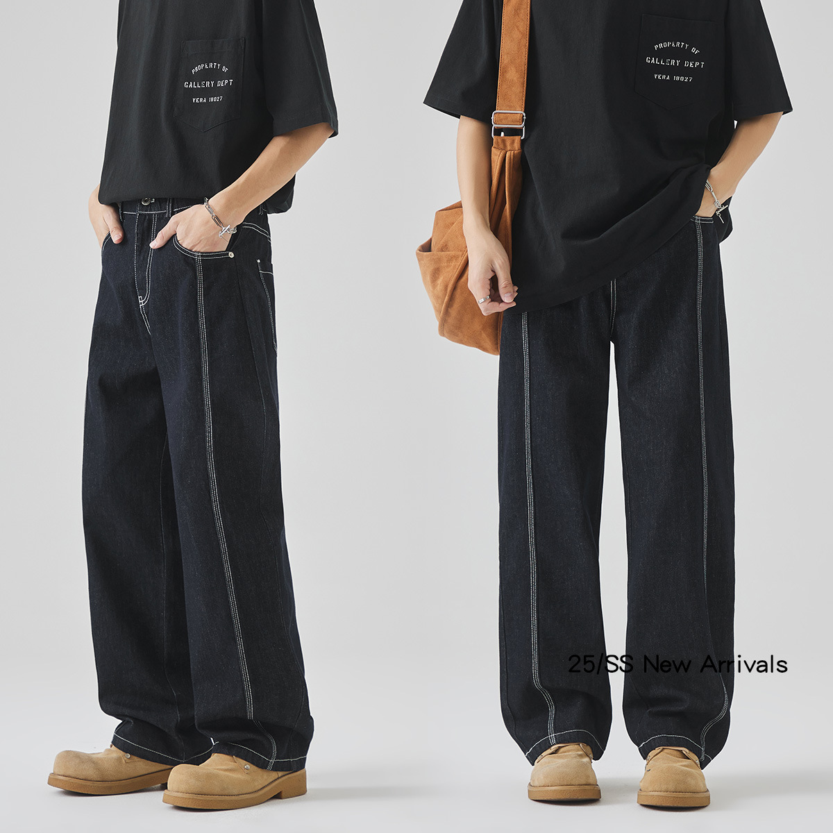 APO Men's Wear: 2025 New Spring American straight-leg yarn-dyed jeans for men, high street style, cool and trendy loose trousers details Picture