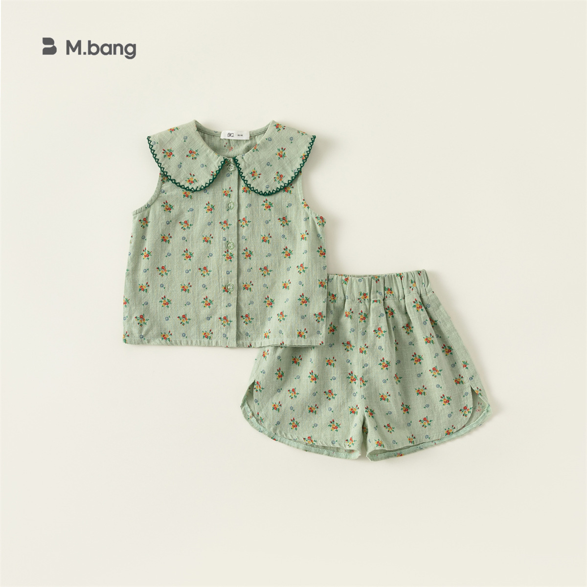 邦选女童韩版小碎花绿色套装2026夏季薄款儿童短裤两件套女宝衣服