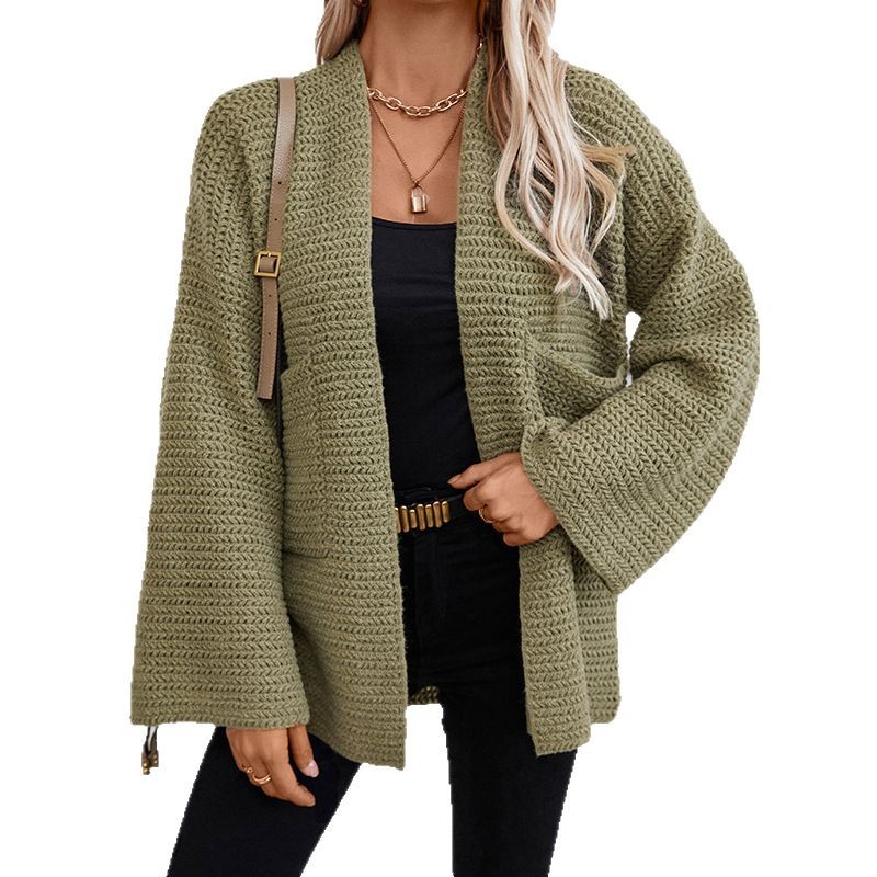 Cross-border foreign trade European and American women's sweater autumn and winter new retro mid-length V-neck solid color cardigan sweater knitted sweater Item Picture