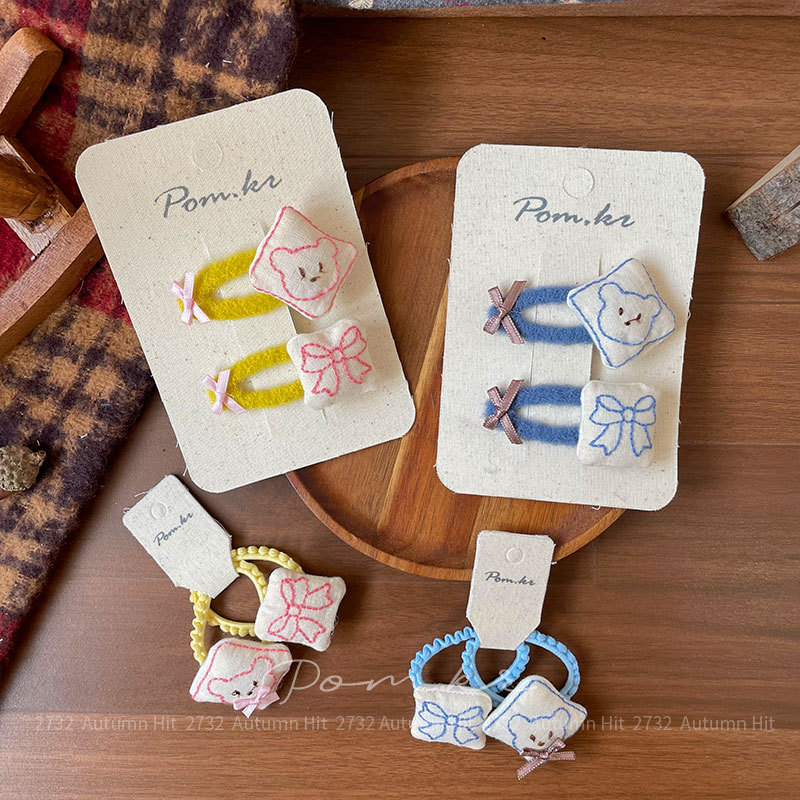 New Korean-style sweet hand-embroidered little bear hair clip fabric children's side broken hair bangs clip bow hair accessory Pom.kr Little bear bow embroidery hair accessory: blue, yellow and pink hair clips and hair bands soft and cute sweet girl Application Scenario