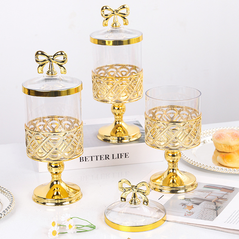 外贸欧式PET带盖糖果罐金色镂空居家客厅摆件收纳储蓄糖果坚果罐