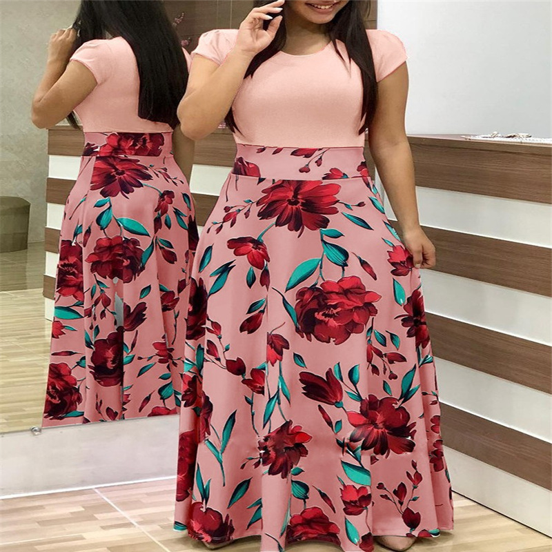 Cross-border wish AliExpress 2023 Bestseller European and American style floral print color-blocked short-sleeved plus-size dress for women Specification drawing