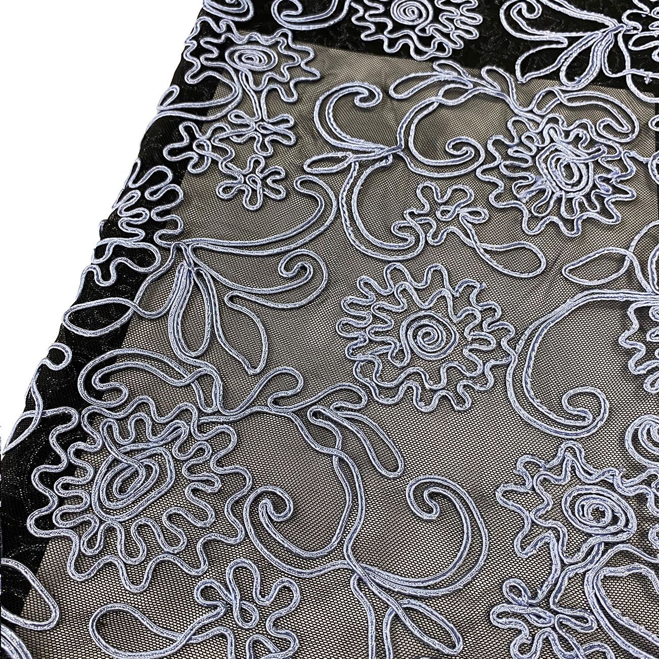 Factory stock of new three-dimensional ribbon embroidered lace mesh fabric for wedding dresses and evening gowns with strand embroidery details Picture